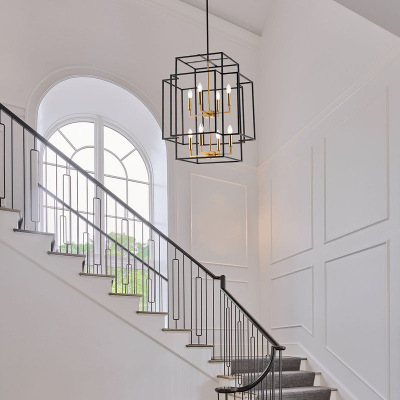 Luminaire suspendu 8 lumières de style transitionnel - cage à cadre ouvert de 22 po de largeur par 28 po de hauteur, Laiton