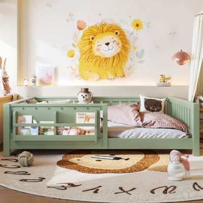 Structure de lit double avec bibliothèque et garde-corps de sécurité, lit plateforme avec rangement, mobilier de chambre à coucher, vert