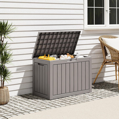 Boîte de rangement intérieure et extérieure en résine pour terrasse, contenant de rangement imperméable et verrouillable pour jardin, patio, bord de piscine