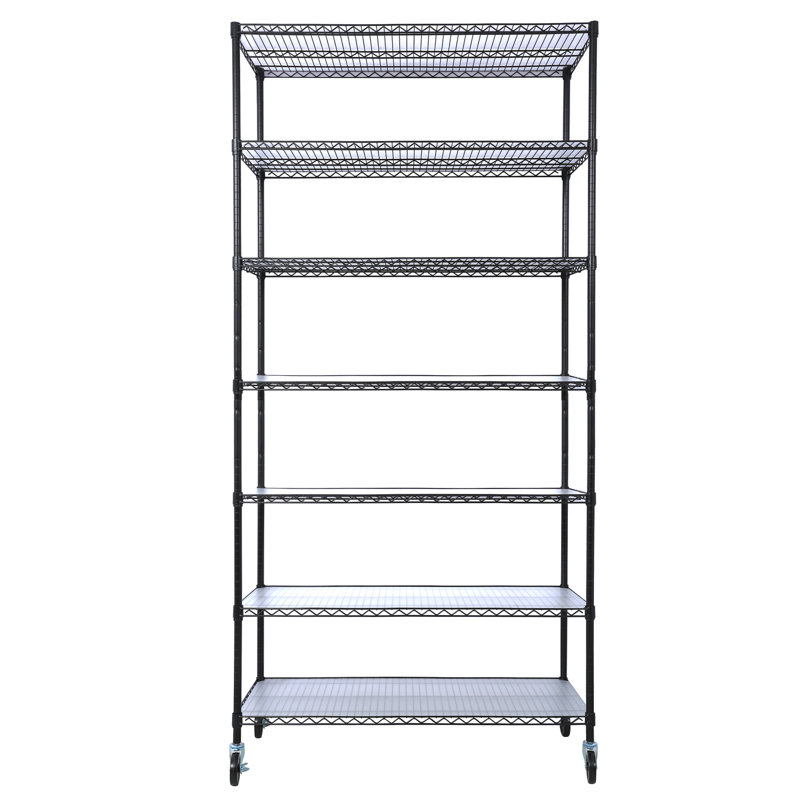 7 Tier Metal Shelf Wire Shelving Unit, 2450Lbs Heavy Duty Adjustable Storage Rack With Wheels & Shelf Liners For Closet Kitchen Garage Basement Commercial Shelving - 81.5" H X 48" L X 18" D Black
