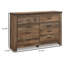 Zoey Wide Dresser, 6 Wide Storage Drawers, Rustic Brown Plank Details