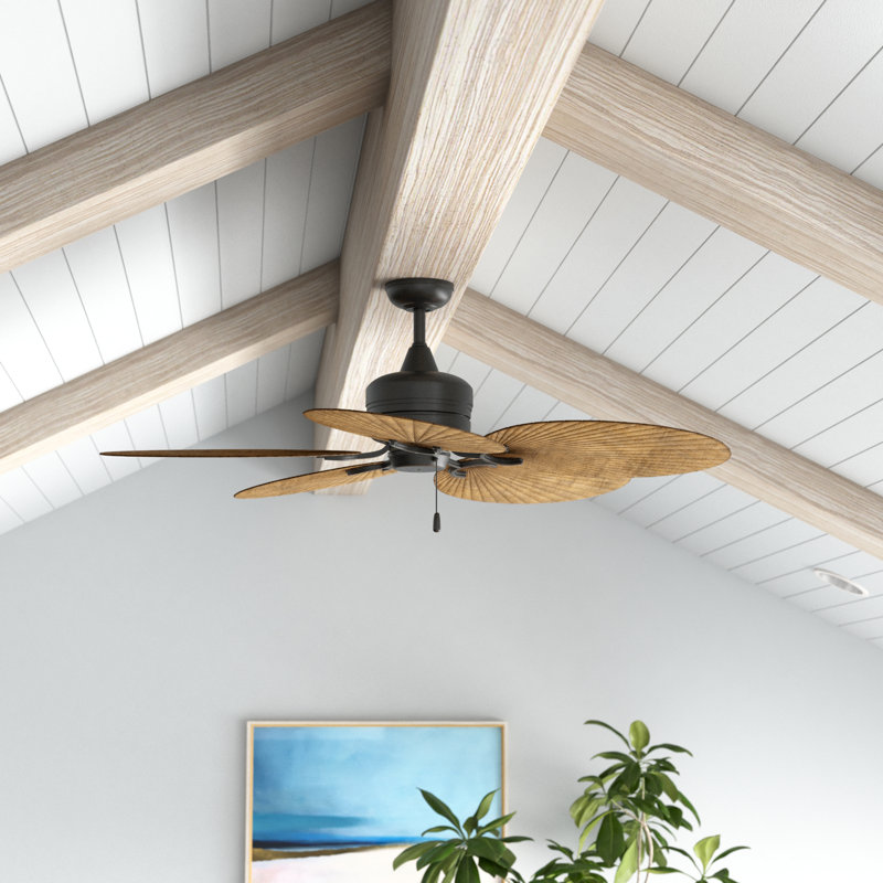 Ventilateur de plafond 5 pales intérieur / extérieur Overlock avec chaîne de traction et pales en forme de palmier, Noir mat