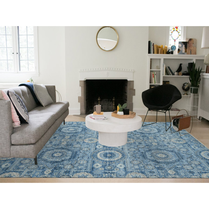 Tapis noué à la main bleu antique en soie pure 9 pi x 12 pi 4 po 8608935B93AB4E16A7B18AEBFEAF7633