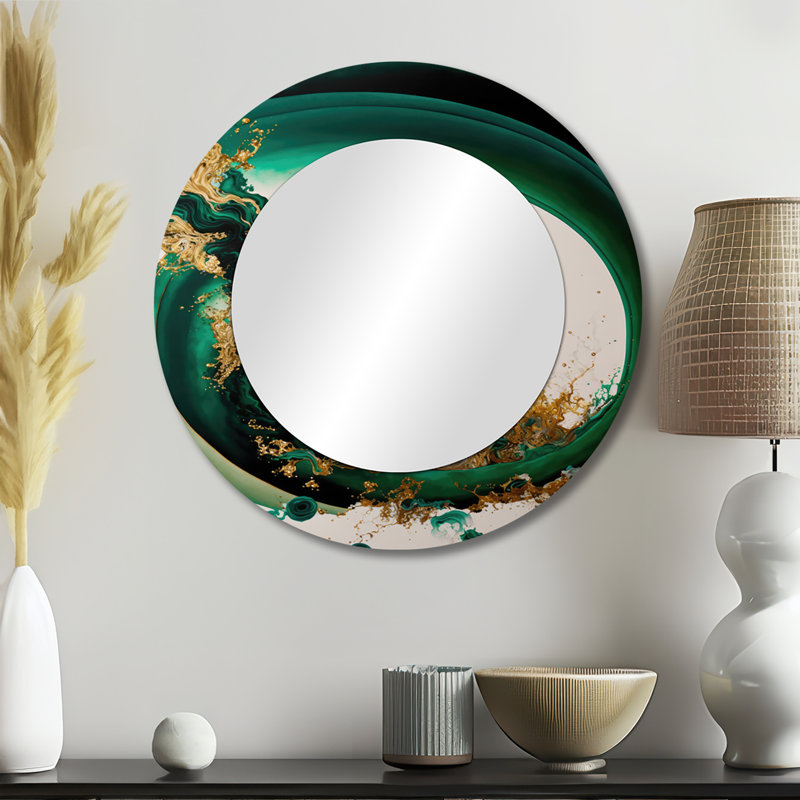Pazley Emerald Green And Gold Abstract Waves II - Abstract Spirals Mirror, Green Decorative Wall Mirror, Printed Metal Art