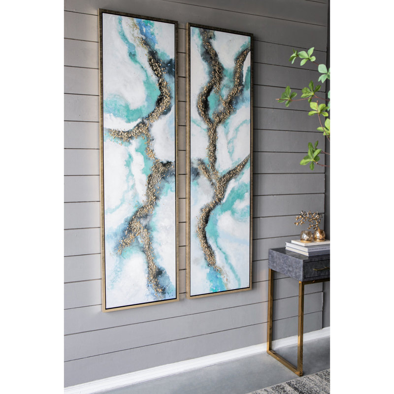 De 2 peintures à l'huile abstraites contemporaines, mur encadré rectangulaire de 20 po x 71 po, excellente qualité, merveilleux pour les occasions, motif de nuage bleu et blanc avec accent métallique allongé moderne
