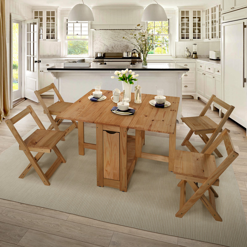 Portrain 5-Piece 45' W Space Saving Folding Dining Set with 4 Chairs, Solid Wood Drop Leaf Kitchen Table Set with Built-in Chair Storage Cabinet, Convertible Console Table for Small Spaces, Apartments & Balcony