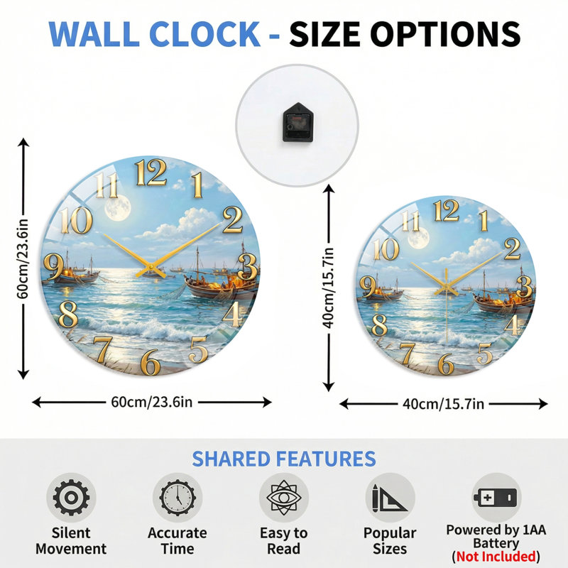 Horloge murale décorative en verre Ocean Ocean, 40 x 40 cm (15,7 x 15,7 pouces)