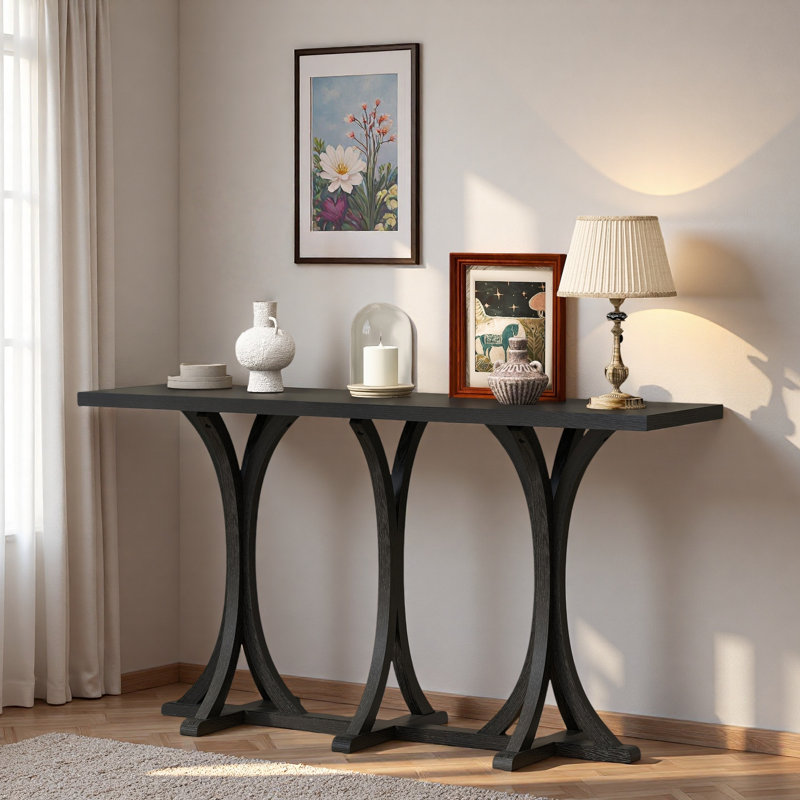 Console en bois avec plateau en placage de chêne et pieds courbés, Noir