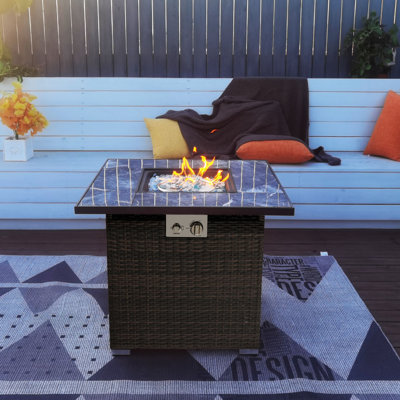 Pavyer 25" H x 30" W Square Outdoor Propane Fire Pit Table with Hideaway Gas Tank Seat, Marble Tabletop and Glass beads and Metal Lid
