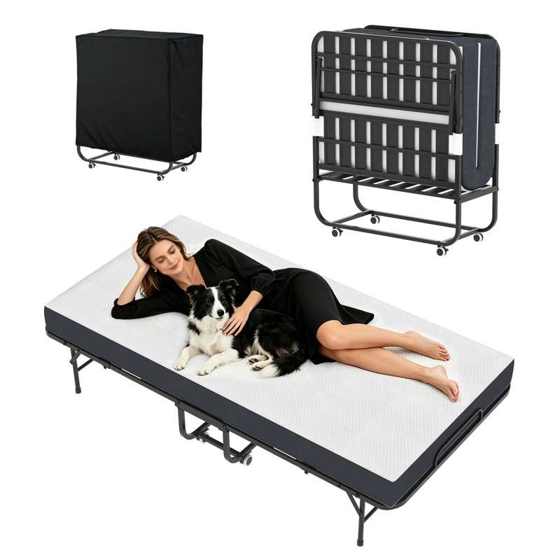 Mikenlee Extra Long Folding Bed for Tall People, Heavy Duty Rollaway Bed with 5" Memory Foam Mattress, Portable Guest Bed on Wheels, Space Saving Twin Size Foldable Bed