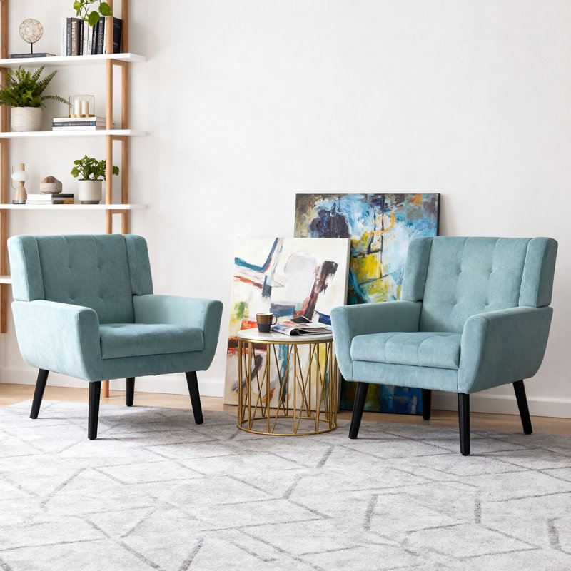 Tufted Upholstered Wide Back Armchair（Set of 2）, Teal Velvet
