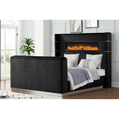 Black Modern King Size Bed Featuring Fireplace In Headboard And Tv Stand At , Solid Wood Filler, Velvet Upholstered For Bedroom With 50 - Inch Design, Manufactured