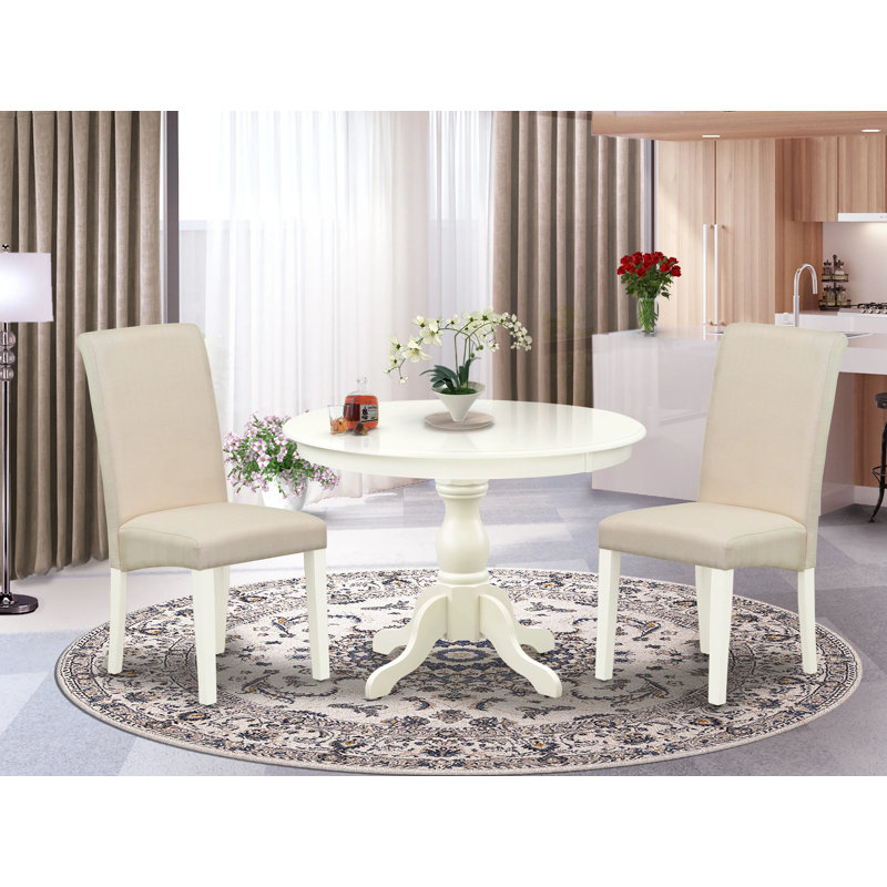Karmakar Rubberwood Solid Wood Dining Set, Linen White, 30" H x 42" W x 42" D, 3 Pieces