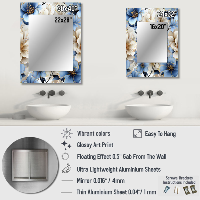 Motif de rêve floral bleu et blanc Zadia - miroir mural floral, 40 po x 30 po