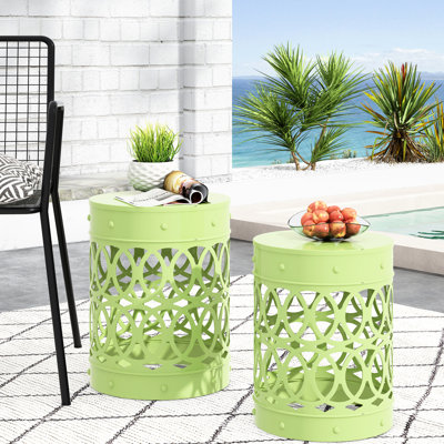 Modern-Style Outdoor Metal End Table , Iron Cut Decorative Design, Powder-Coated Frame, , No Assembly Required, 13.48"W X 13.48"D 17.7"H & 12.00"W 12.00"D 16.00"H Cool Pair, Enchanting Pattern,