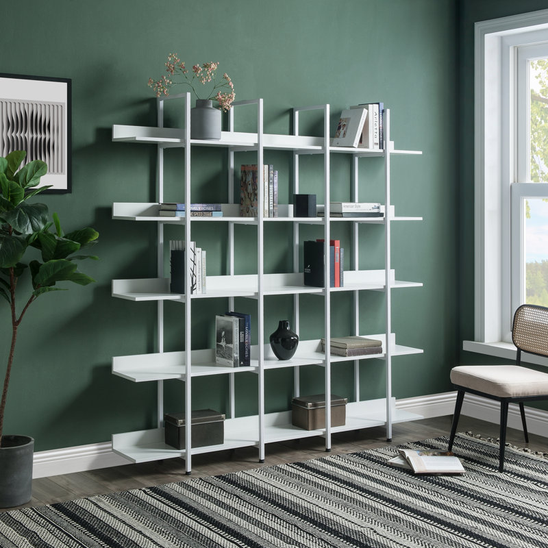 5 Tier Bookcase Home Office Open Bookshelf, Vintage Industrial Style Shelf With Metal Frame, MDF Board, White