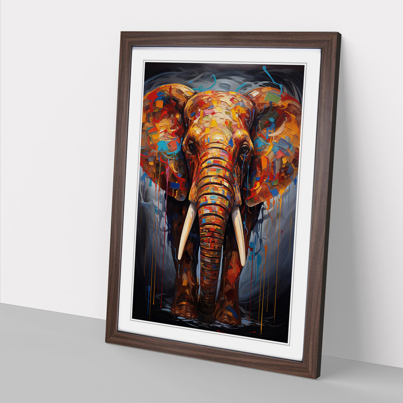 Elephant Modern - Single Picture Frame Print on Wood, 46cm H x 34cm W, Walnut Framed