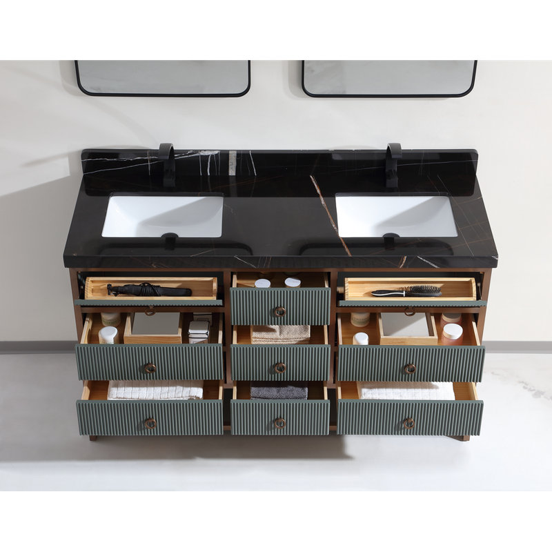 72" Double Vanity With Golden Brush Stainless Steel Frame And Tricorn Black Finish With 2' Thick Black Natual Stone Top, Gray