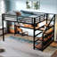 Grand lit mezzanine en métal avec bureau et escalier de rangement, éclairage à DEL intégré et ports de chargement USB, filet de fer suspendu, bouchons en caoutchouc réducteurs de bruit et cadre en acier résistant à la rouille Assemblage facile