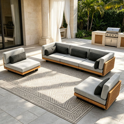 5-Person Modular Teak Outdoor Sectional Sofa Set, Patio Conversation Sets with Cushions