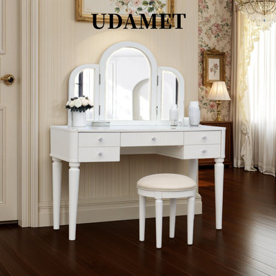 Antique White Wooden Vanity Table with Flip-Up Mirror, 3 Drawers, Felt Lined, and Upholstered Stool