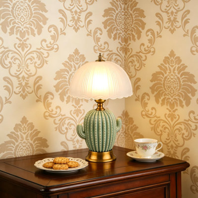 Lampe de table Cactus avec abat-jour en verre festonné, lampe de chevet à DEL à intensité variable 3 couleurs pour la chambre à coucher et le salon, base en céramique et abat-jour givré inclus