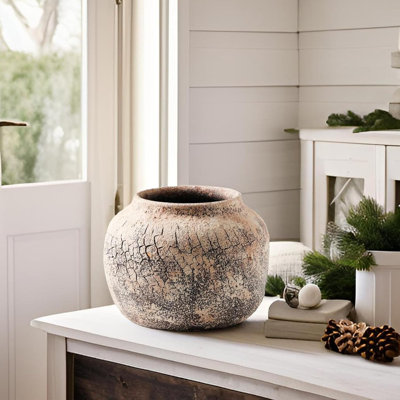 Vases et pots en céramique texturée, style rétro rose et beige, à large ouverture, parfaits pour décorer les étagères, les salons et les chambres.