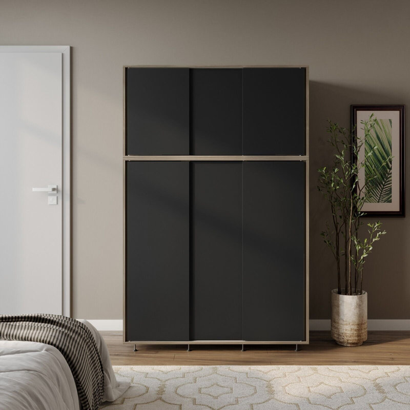 2 Sliding Doors Wardrobe 2 Drawer Bedroom Clothes Hanging Rail Grey Carcass with Black Doors Storage Cupboard, Oak/Black