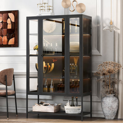Vitrine moderne noire avec porte en verre et bandes à DEL pour livres, poterie dans les couloirs - visibilité 180, espace de rangement spacieux, facile à nettoyer, éclairage de collection de 67,76 po de hauteur, cadre en acier de porcelaine, 5