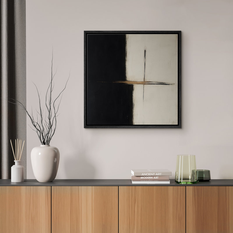 Reproduction d'art sur toile encadrée - œuvre d'art abstraite minimaliste neutre pour le salon, Noir, H 16 po x l 16 po