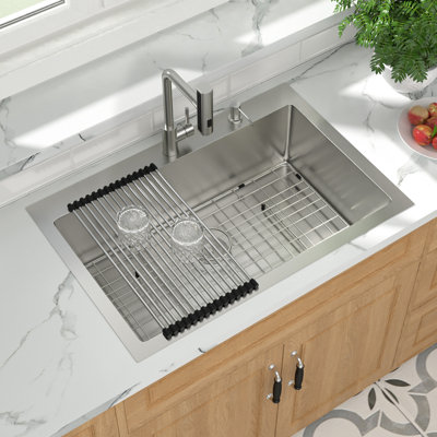 Drop-in Stainless Steel Kitchen Sink Topmount Single Bowl Sink with Pull-out Faucet