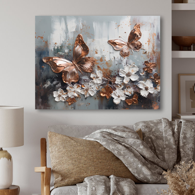 Ailes et fleurs de papillon en or rose III - impression sans cadre sur métal, H 12 po x l 20 po x P 1 po