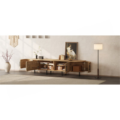 Meuble télé 70 po avec portes en rotin pour téléviseur de 80 po ou moins, console multimédia avec espace de rangement et trous pour câbles, meuble audio-vidéo pour salon