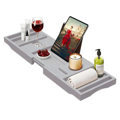 Premium Foldable Bathtub Tray Caddy,Bamboo Shelf, Expandable Bath Table Trays,(Grey)