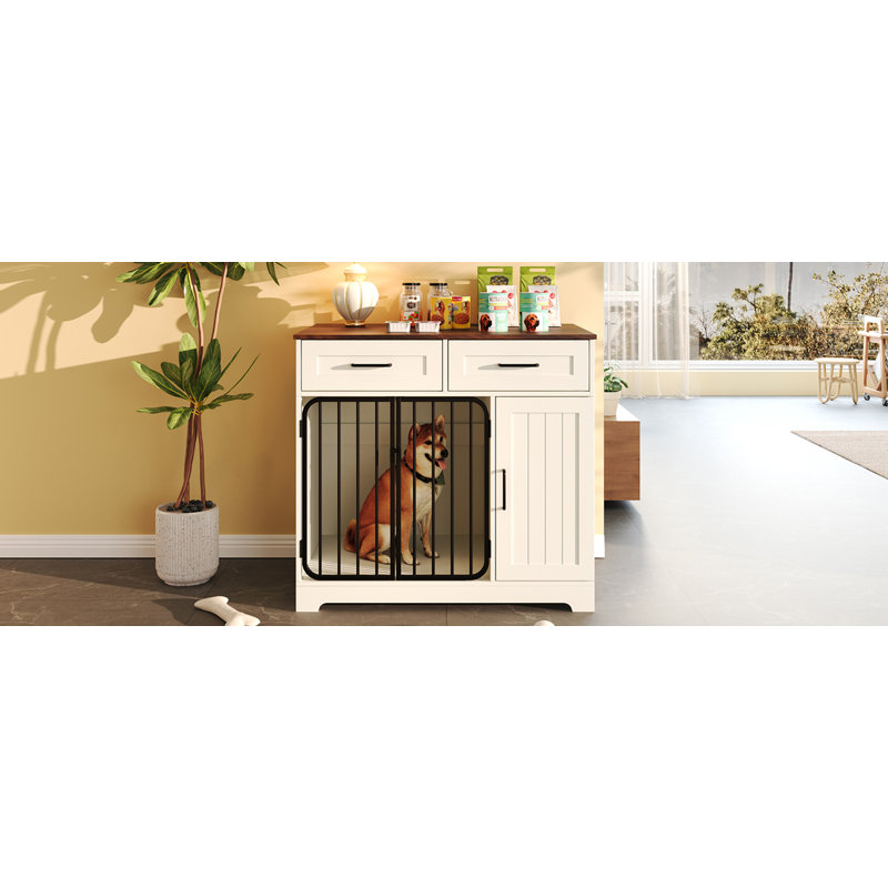 Table d'appoint pour chien avec cage pour chien de 37,4 po, chenil d'intérieur avec 2 tiroirs et armoire de rangement, meuble Modern