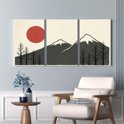 Ensemble de 3 tableaux sur toile tendue représentant un paysage de montagne minimaliste avec soleil rouge et arbres
