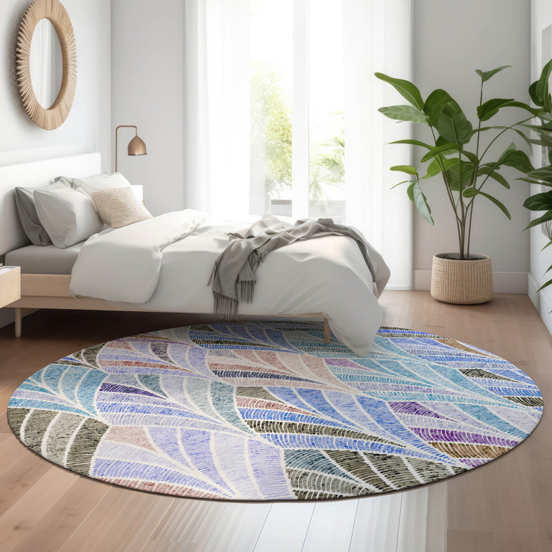 Premium Machine Washable Prisco Blue Rug, Round 8'