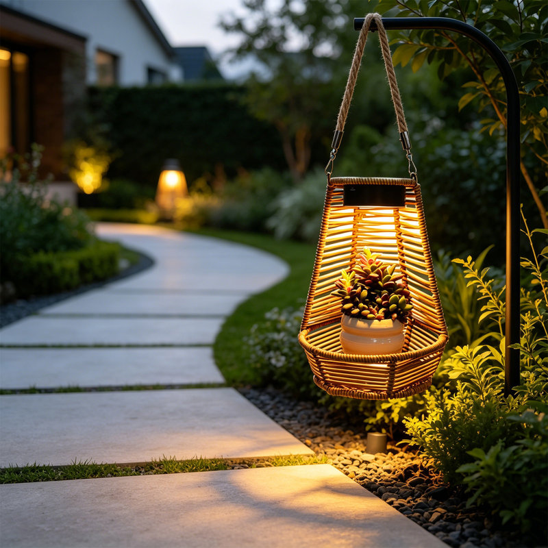 Veilleuse de jardin à énergie solaire pour l'extérieur Lampe de jardin en rotin tissée en pot, Coffee