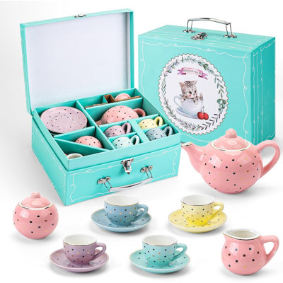 13 Piece Tin Kids Teapot Set with Cups Saucers Plates and Tray, Multicolor Girls Tea Party Gift