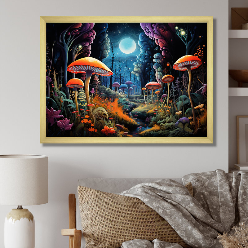 «Fantasy Mushroom Forest Dream I», art mural abstrait, H 34 po x l 44 po x P 1,5 po, Cadre doré à coins fermés