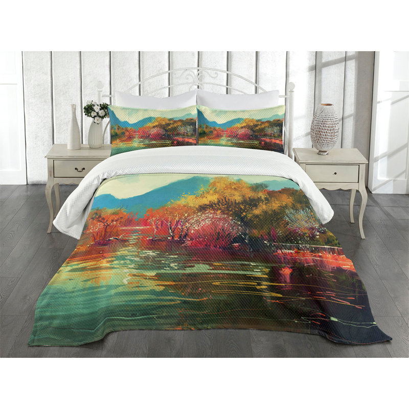 Ambesonne Art Bedspread Set Surreal Autumn Forest Multicolor, King Bedspread + 2 Standard Shams