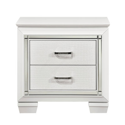 Table de chevet glamour pour chambre à coucher, finition blanche, 2 tiroirs avec chambre en faux alligator avec style - blanc, façade, éclairage à DEL, accents polis