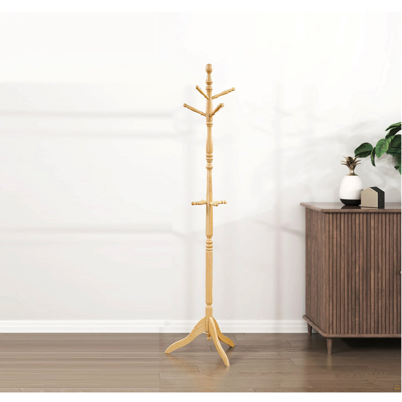 Natural Finish Classic Coat Rack Solid Wood, 10 Hooks Coat Hanger Stand Entryway Home Furniture 1pc