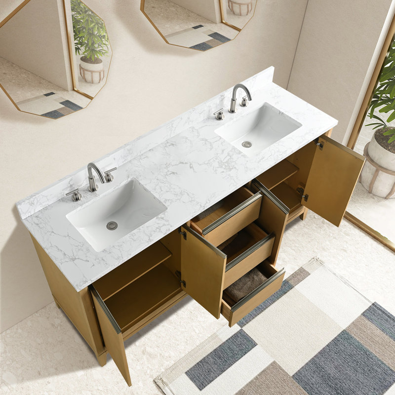 Meuble-lavabo double 60 po avec comptoir, Chêne naturel, Lit double, 72"