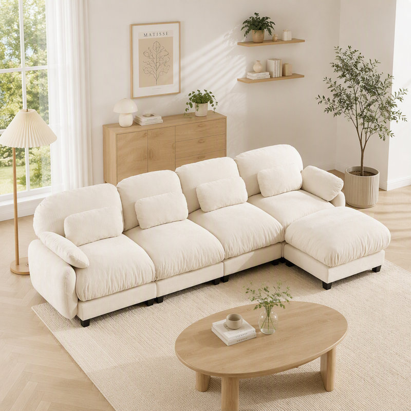 Repose-pieds en L en chenille pour canapé de salon en L 4 places beige, L 136,2 po, Chenille beige