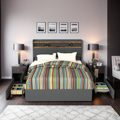 Upholstered Platform Bed with LED Lights, 4 Storage Drawers, Charging Station & Headboard Shelf