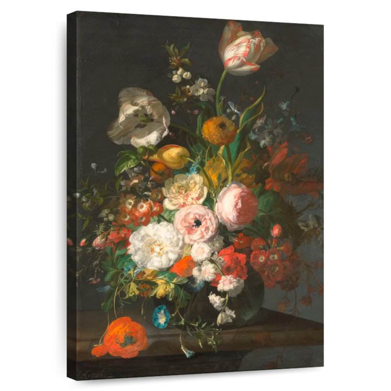 Harnek, tulipes et autres fleurs dans un vase en verre, H 30 po x l 20 po