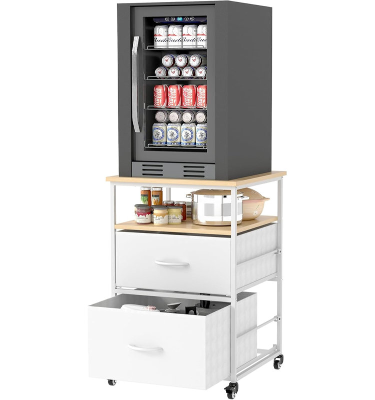 Mini Fridge Stand with Storage, 50cm Wide, Mobile Refrigerator Cart with Wheels & Fabric Drawers, 65cm
