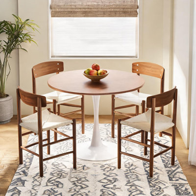 Table de salle à manger ronde en stratifié mélaminé pour 4 personnes, plateau blanc de 100 cm de diamètre, avec pied central.