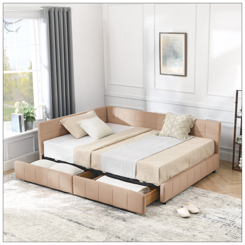 Velvet Upholstered Storage Daybed with 2 Drawer, Pink, Full / Double